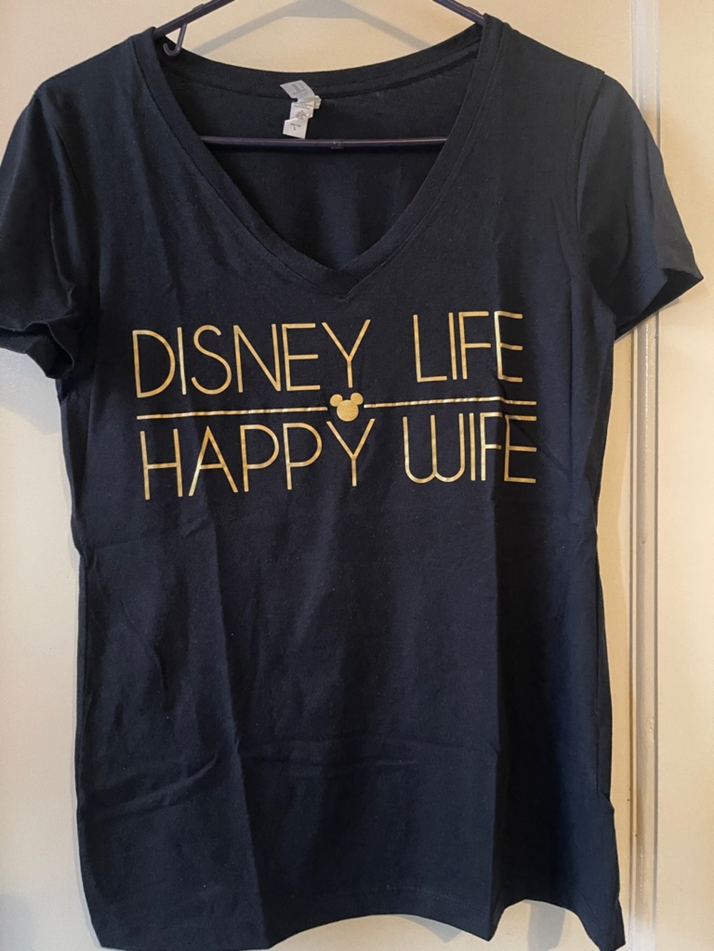Disney Life Happy Wife Black V-neck T‑Shirt with Gold Lettering
